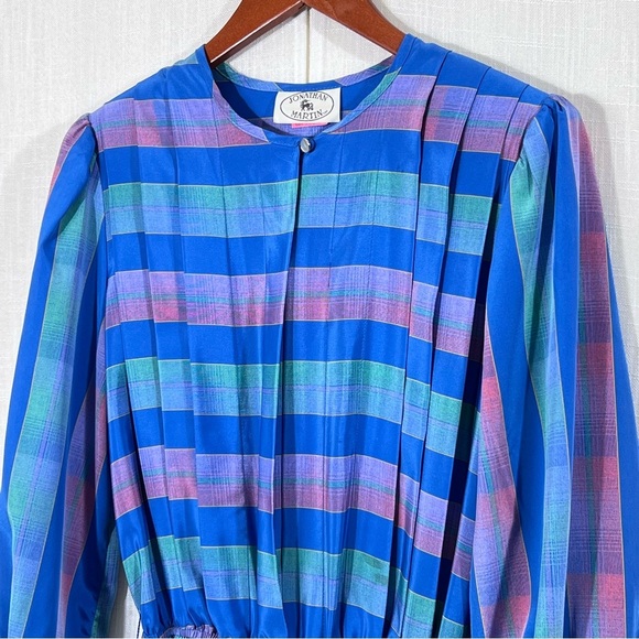 Vintage 80’s Jonathan Martin Pleated Button Striped Belted Dress Size 11/12 - Picture 4 of 15
